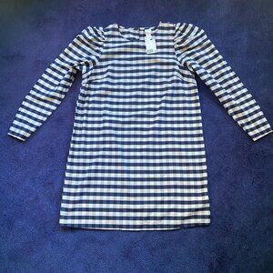 NWT H&M Gingham Checked Navy Blue & Cream Puff Shout Dress Sz M